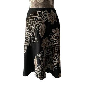 Autograph Women' 4 Black & Tan Midi A-Line Linen & Rayon Blend Fully Lined Skirt